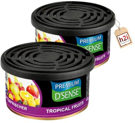 h2i Premium Duftdose | tropical fruits | 2 Stück | Auto Lufterfrischer & Duftspender für Camping, Büro & Zuhause | 60 Tage frischer Duft mit Mengenregulierung | passt in Getränkehalter | h2i Sticker