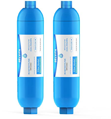 BELVITA Filtro dell'acqua in linea, dedicato per camper e marine, confezione da 2 filtri per bere e lavare, riduce piombo, fluoro, cloro, cattivo gusto e odore