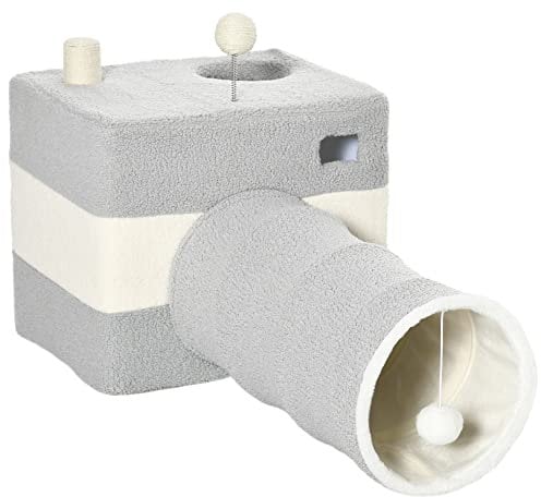 PawHut Túnel para Gatos con Cueva Tubo de Juguete para Mascotas con Orificio Superior Puerta Delantera Poste de Sisal y Bola Colgante 48x95x58 cm Gris