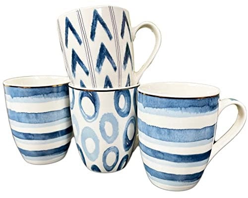 Darthome Coral Blue Mugs Set of 4 Ceramic 350ml Mediterranean Coastal Kitchen Coffee Cups