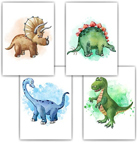 Dinosaurier 4er Set Bilder Kinderzimmer Dino Deko DIN A4 Poster Babyzimmer Wandbilder Wandkunst Kinderposter