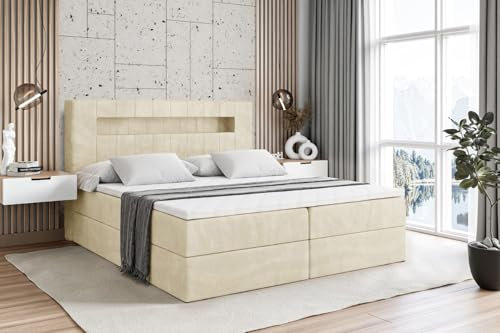 ALTDECOR Boxspringbett mit Matratze und Lattenrost, LED Boxbett, Topper, Polsterbett mit Bettkasten, Bett mit Stauraum H4-Matratze, Doppelbett, Springboxbett - ORGOL2-180x200 - Beige Monolith
