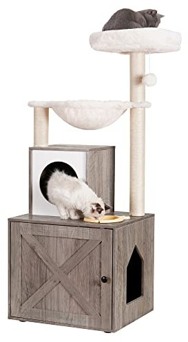 Heybly Cat Tree, Wood Litter Box Enclosure with Food Station, All-in-one Indoor Cat Furniture with Basket and Condo, Modern Style Cat Tower, Hammock, Rustic Gray HCT101SG
