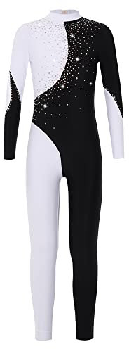 CHICTRY Ganzkörper Turnanzug Mädchen Langarm Kinder Strass Glitzer Ballettanzug Stehkragen Tanzbody Farbblock Patchwork Tanzoverall Jumpsuit Eislaufkostüm A Schwarz&Weiß 134-140