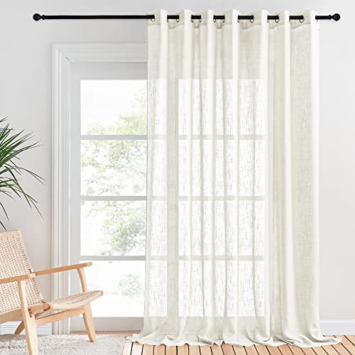 PONY DANCE Rideau Voilage - Voilage Grande Largeur Décoration Salon Chambre Draperies Voile en Lin Effet Demi Transparent Filtrant la Lumière, L254cm sur H260cm, Beige Clair, Lot de 1