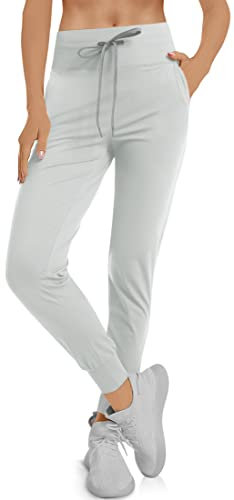 TARSE Damen Jogginghose mit Taschen und Kordelzug Lounge Running Sweatpants, Hellgrau, S