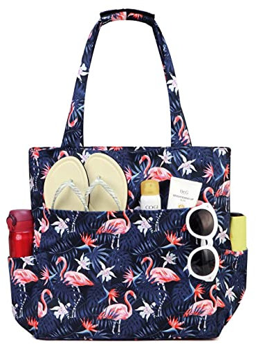 Kasgo Sac de Plage Femme, Poches Multiples Grand Sac Cabas Zippé Femme d'Été Pliable 17,5L Résistant à l'Eau Sac de Piscine Tote Bag pour Voyage Vacances Achats Flamant