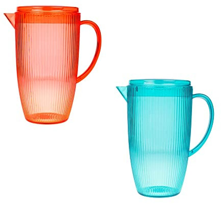 Invero Set of 2 Bright Summer Pitcher Drinking 2L Jugs with Removable Lids, Pouring Spout & Handle - Ideal for Garden Parties, BBQs or Picnics - Water, Juices, Smoothies and More (Assorted Colours)