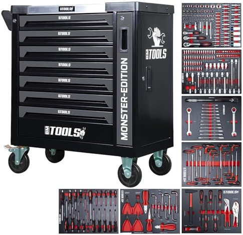 Servante d'atelier BM TOOLS 9/7 MONSTER-EDITION-GREY 7 tiroirs pleins, 1 porte & 1 tiroir vertical - 257 outils - Sur roulettes