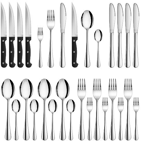 Velaze Besteck Set mit Steakmesser, Besteckset 24 teilig für 4 Personen, Elegantes Essbesteck Set mit Messer Gabel Löffel, Besteck aus Edelstahl für Haus Restaurant Partys, Spülmaschinenfest