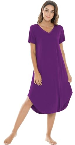 NACHILA Chemise de nuit en bambou pour femme avec col en V, manches courtes, fente latérale, vêtements de nuit doux S-XX L, A-Violet raisin, M