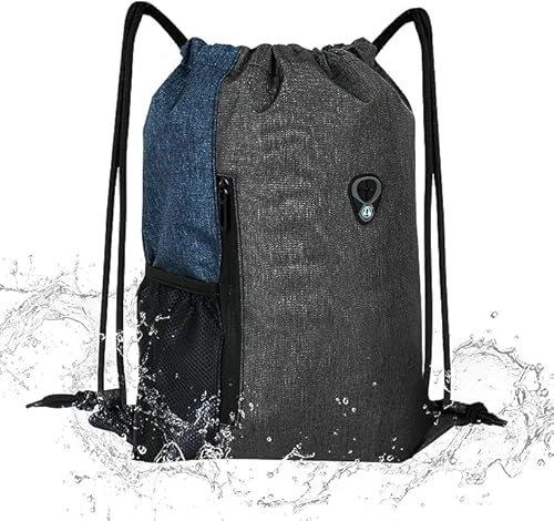 AIFUSI Sportrucksack mit Kordelzug, Oxford-Stoff, Wasserdichter Rucksack mit Netztasche für Wasserflaschen und Kopfhörerloch für Studenten, Herren, Damen (Marineblau)