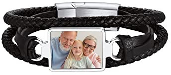 Supcare Lederarmband Herren mit Gravur Männer Schmuck Foto Armband Leder Armreif Schwarz Lederband geflochten Breites Herrenarmband mit Edelstahl Magnetverschluss Modeschmuck für Valentinstag