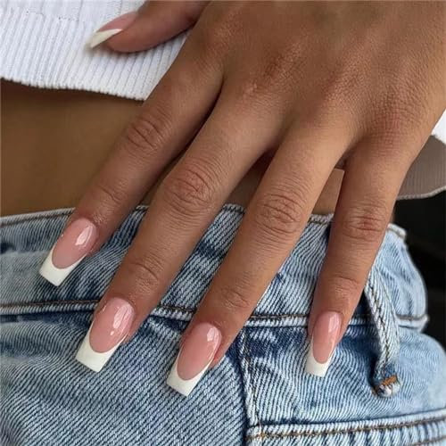 French False Nail Tip - 24Pcs Nude Fake Nails with White Edge - Acrylic White Press On Nails Medium Long Coffin Stick on Nails with Jelly Glue -Full Cover Stick on Nails for Women Girls Nails Art