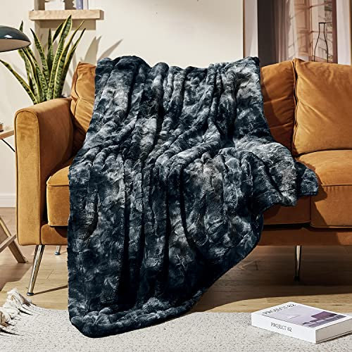 MOOFUN Überwurfdecke aus Kaninchenfell, weich, flauschig, gemütlich, warm, flauschig, maschinenwaschbar, langlebig, luxuriöse Decke für Couch und Bett, Schwarz