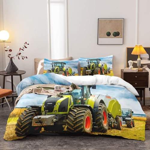 Yzehomijia Bettbezug Traktor, Bettwäsche-Set Traktor für Kinder, 1 Mikrofaser-Bettbezug + 2 Kissenbezüge 65x65 cm (T2, 140×200)