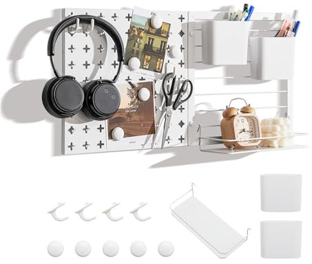 GOPLUS Kit d'Organisation Murale Combinée de Panneaux Perforés, 2 Panneaux Perforés, Aimants, Crochets, Étagères, Récipients, pour Affichage et Rangement, pour le Bureau, la Salle De Bain, Blanc