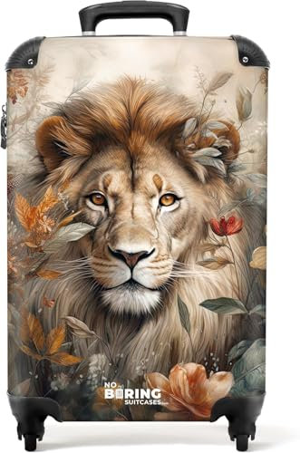 NoBoringSuitcases.com® Handgepäck Koffer 55x35x20 cm Trolley Reisekoffer Handgepäck-Koffer 4 Rollen Leicht Carry on Luggage Hartschalenkoffer Löwe - Blumen - Braun