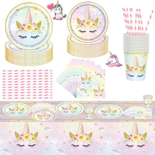 RUHM Juego de 85 platos de fiesta de unicornio, 16 invitados, juego de platos de unicornio, vajilla de cumpleaños de unicornio, vasos, vasos de fiesta de unicornio, vasos de cumpleaños infantiles,