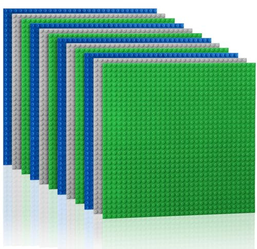 Etarnfly Lot de 12 plaques de Construction - Compatible avec la Plupart des Marques - 25 × 25 cm - Jouet de Construction pour Enfants - Plaque de Base Grise Verte Bleue