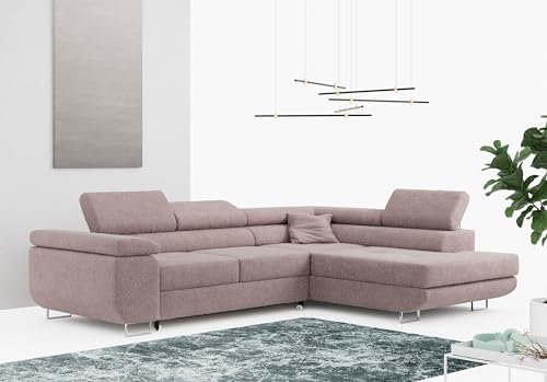 MKS MEBLE Ecksofa Rosa Wohnzimmer - Wohnlandschaft - Schlafsofa mit Bettkasten - Ecksofa mit Schlaffunktion - Wohnzimmer L Couch - Polstersofa mit Bettkasten - Gustaw - Rose - Rechts