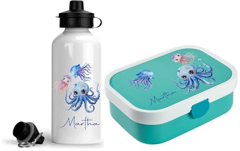 wolga-kreativ Set personalisierte Mepal Campus Kinder Lunchdose und Kinderflasche Mädchen Junge Oktopus Jausenbox Fächer Unterteilung für Schule und Kindergarten