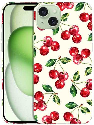 GlamCase for iPhone 15 Plus, iPhone 15 Plus Case - Cherry Watercolor Pattern Design Printed Slim & Sleek Cute Plastic Hard Snap on Protective Designer Back Phone Case/Cover for iPhone 15 Plus White