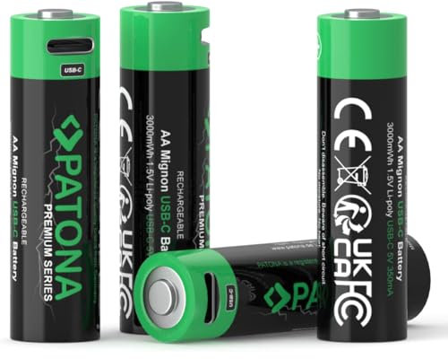 PATONA Mignon AA Akkus USB-C Eingang (4er Pack), 1,5V / 3000 mWh, 2000 mAh, Aufladbar über USB-C Eingang (350mA), USB-C Ladekabel mit 2 Anschlüssen- 1410