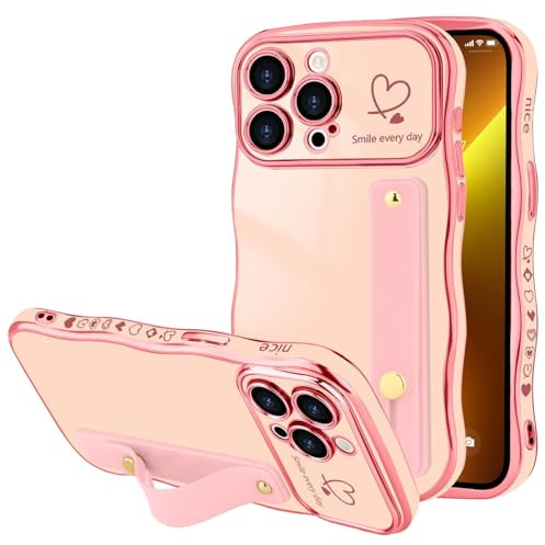 LLZ.COQUE for iPhone 13 Pro Max Case, Luxury Plating Love-Heart Wave Frame Shape Design, Adjustable Hand Strap Stand Cover, Shockproof Bumper Girls Women Phone Case for iPhone 13 Pro Max, Pink