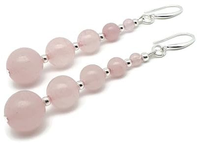 THEPRETTYBITS Pink Rose Quartz Beaded Earrings, Long Dangle Drop, Graduated Crystal, Natural Gemstone, Sterling Silver Hooks, Handmade Boho Chic Chakra Retro