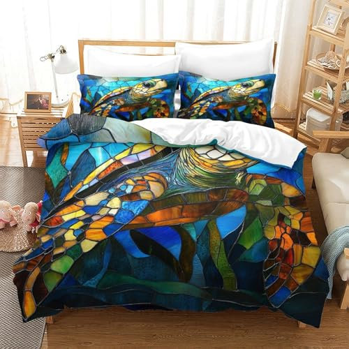 OFLAMIRUX Turtle Bettbezug Set Bettwäsche Set Kinderbettwäsche Reißverschluss Mit Kissenbezug Betten Set Für Jugendliche Kinder Schlafzimmer Single(140x200cm)