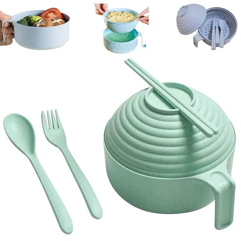 Microwave Ramen Bowl, Ramen Bowl Set with Chopsticks, Spoon and Fork, Microwave Noodle Bowl with Lid, Rapid Portable Ramen Cooker, for Dorm, Home, Office (Green)