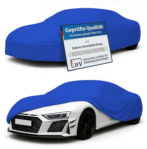 LST Autoabdeckung Indoor – lackschonende und Dehnbare Autogarage. Car Cover Innenbereich für Autohäuser und Endverbraucher. Auto Abdeckplane schützt vor Sonne, Staub. (Blau, L (450x140x120cm))