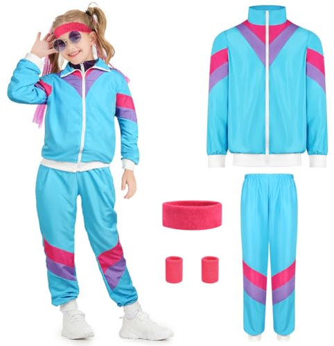 AYBUY 90er 80er Jahre Outfit Kinder, New Kids Kostüm 80er Jahre Trainingsanzug Disco, Jacke und Hose, Jogginganzug, Bad Taste Outfit, Retro-Style, Karneval, Mottoparty, Blau, L (140-150cm)