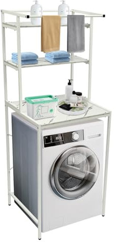 Armoire de machine à laver, étagère de salle de bain, étagère autoportante, étagère sur machine à laver, sèche-linge, toilettes, superstructure, armoire peu encombrante (blanc + marbre)