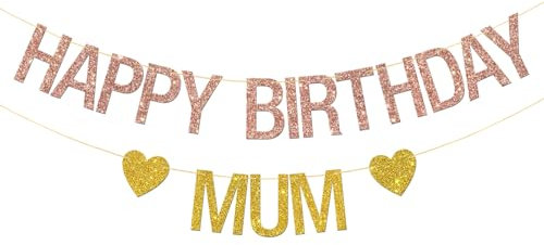 Cartel de feliz cumpleaños para mamá, guirnalda de cumpleaños para mujer, suministros para el día de la madre, decoración de fiesta para el día de la madre, oro rosa y purpurina dorada