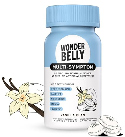 Wonderbelly Multi-Symptom Medicine, Anti-Diarrhea & Upset Stomach Relief with Bismuth Subsalicylate, Vanilla Bean, 48 Chewable Tablets