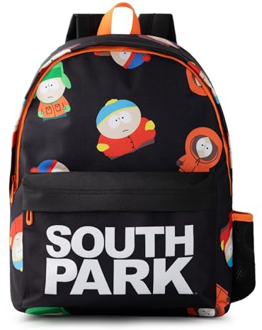South Park Character All Over Print Backpack in Black & Orange | Unisex Adult School Rucksack for College & Work