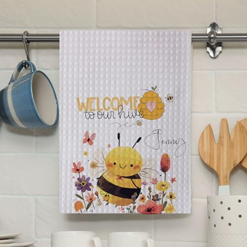 Paño de cocina personalizado personalizado con nombre personalizado, lindo colmena de abeja, miel, flores, jardín, paño de cocina, para secar a mano, gofres, hornear, delantal de cocina, diseño único