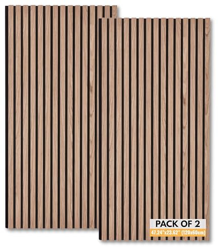 Large Slat Wooden Acoustic Wall Panels Pack of 2-47.24”x23.62” (120x60cm) - Natural Oak MDF Wood Panels with Felt Backing – Decorative Sound Absorbing Wall Cladding Home Interiors & Studios