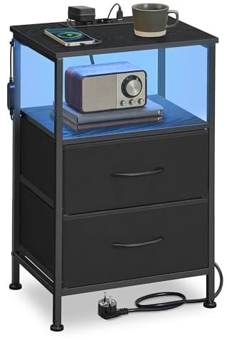 SONGMICS BELLAH Kollektion - Nachttisch mit Ladestation, Beistelltisch mit App-gesteuerter, Einstellbarer LED-Beleuchtung, 1 offenes Fach, 2 Schubladen, tintenschwarz-ebenholzschwarz LGS302BH02