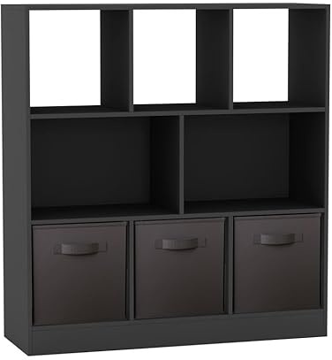 URBNLIVING Asymmetrical 8-Cube Bookcase Shelf – Black Storage Unit with 3 Fabric Drawers, Modern Display Organizer for Home or Office - Black