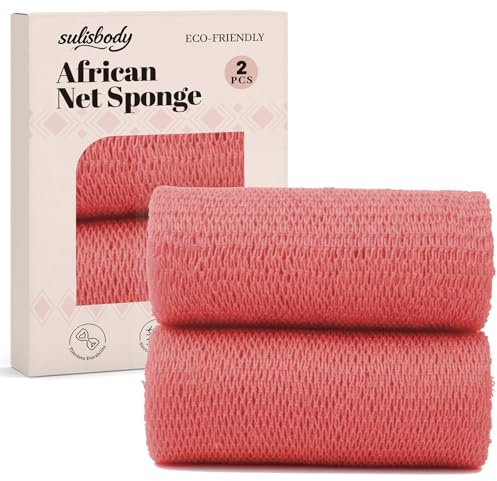 2Pcs African Net Sponge Authentic - Exfoliating Body Wash Cloth with Knots, Hygienic Loofah Back Scrubber for Shower, Deep Cleansing Textured Skin Smoother, Fake Tan Remover
