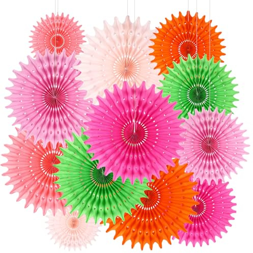 BestoFun 12 PCS Paper Fans Red Green Pink Party Decorations Tissue Paper Flowers Decorations for Girl Groovy Birthday Baby Shower Wedding Bachelorette Room Wall Hanging Décor