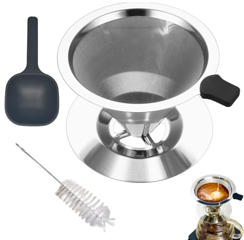 Kaffeefilter Edelstahl, Kaffeefilterhalter Wiederverwendbarer Kaffee Filter Aufsatz Kaffeetrichter mit Löffel und Reinigungsbürsten Papierloser 1-2 Tassen für Manuelle Kaffeezubereitung