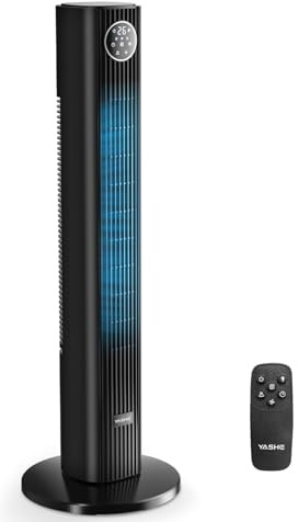YASHE Ventilador de Torre 90 cm con Mando a Distancia, Silencioso 28 dB, 3 Velocidades, 4 Modos, Oscilación 85°, Temporizador 12 h, Pantalla LED, para Dormitorio, Oficina y Hogar