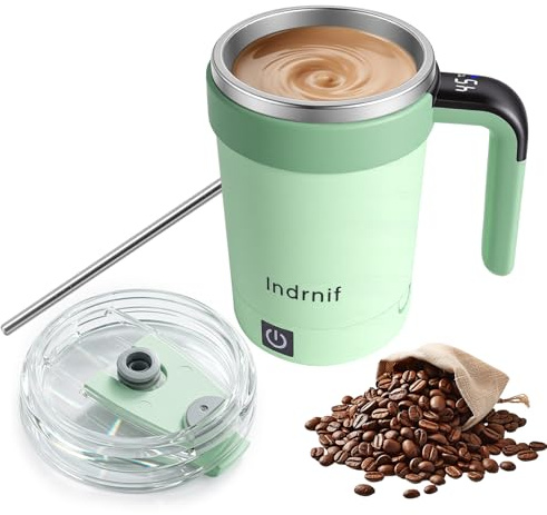 380ml Automatic Self Stirring Coffee Mug, Electric Mixing Cup with Magnetic Stirrer and LED Temperature Display, Rechargeable Travel Mug with Whisk and Detachable Base for Coffee, Milk, Cocoa (green)