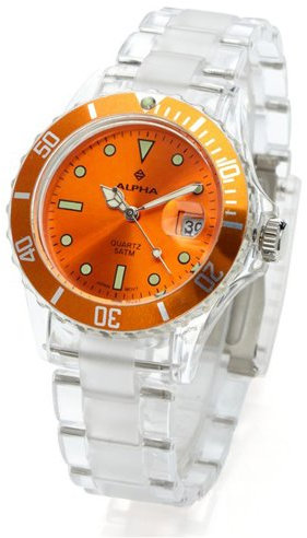 Alpha Saphir - 249H - Montre Mixte - Quartz Analogique - Cadran Orange - Bracelet Caoutchouc Blanc