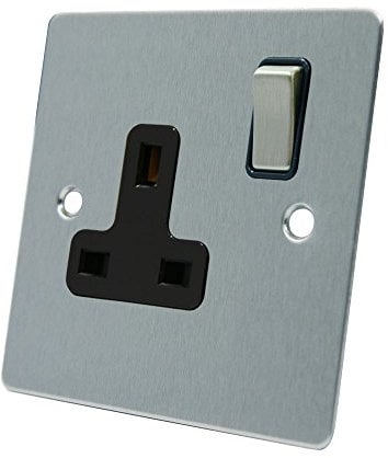 AET FSC1GSOCBS Satin Chrome Flat Black Insert Metal Rocker Switch-13 Amp Single 1-Gang Plug Socket, 240 V