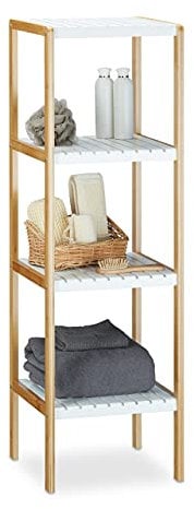 Relaxdays Bambus Regal mit 4 Fächern HBT: 110 x 33 x 34 cm Schickes Badregal mit 4 Ablagen aus natürlichem Holz Standregal als Küchenregal oder Holzregal zur Aufbewahrung im Badezimmer, weiß, natur